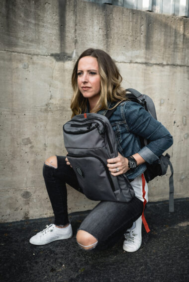 Woman wearing a LeatherBack Gear Backpack 2019 Austin Texas